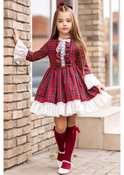 Kız Çocuk Renkli Ekose Desenli Yakası Kurdele Etek Ucu Fırfırlı Kırmızı Elbise