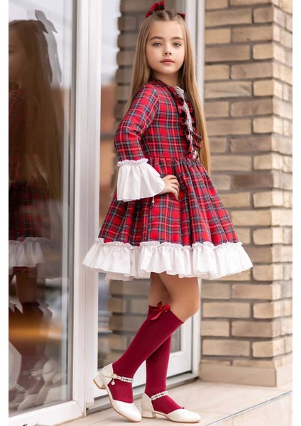 Kız Çocuk Renkli Ekose Desenli Yakası Kurdele Etek Ucu Fırfırlı Kırmızı Elbise fiyatları