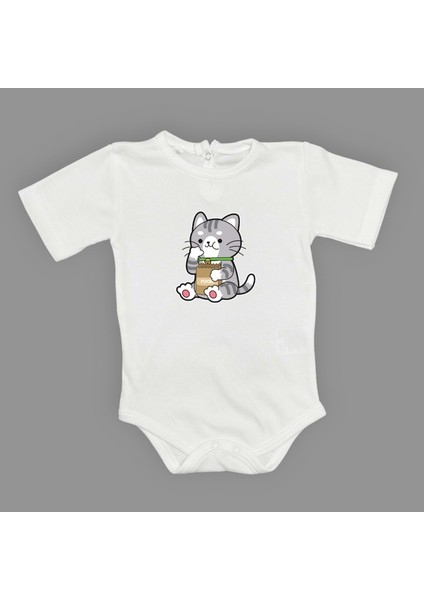 Mama Yiyen Kedi Baskılı Bebek Çıtçıtlı Body Uzun Kısa Kolsuz