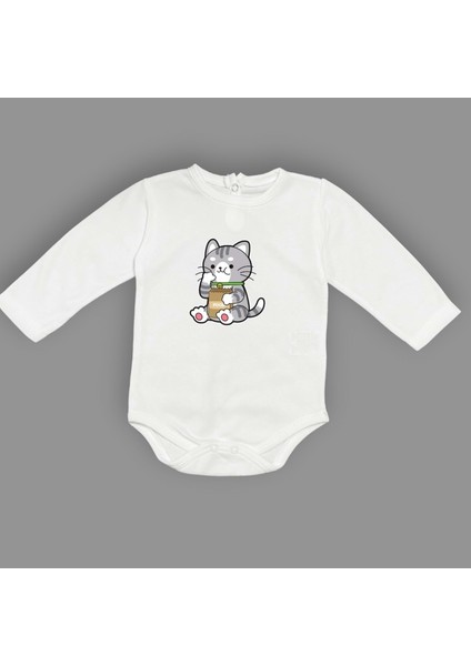 Mama Yiyen Kedi Baskılı Bebek Çıtçıtlı Body Uzun Kısa Kolsuz