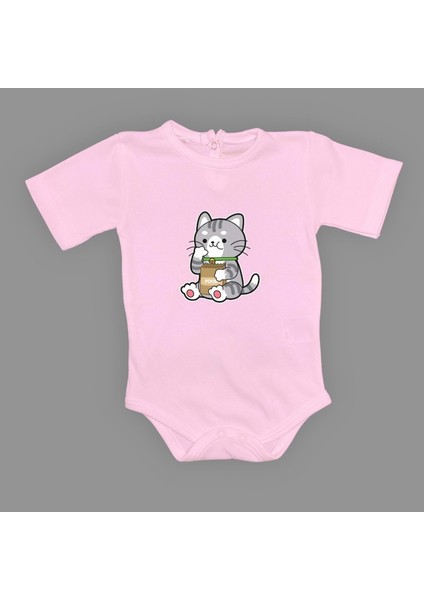 Mama Yiyen Kedi Baskılı Bebek Çıtçıtlı Body Uzun Kısa Kolsuz