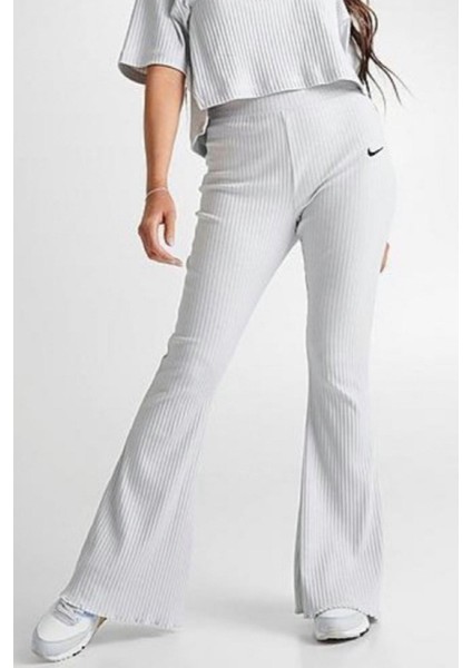 Sportswear Rib Jersey White Yüksek Belli Fitilli Kadın Eşofman Altı Açık Gri