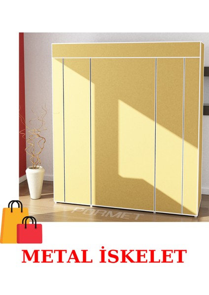 Bez Dolap Metal Profilli Kumaş Gardırop Portatif Dolap Bej modelleri