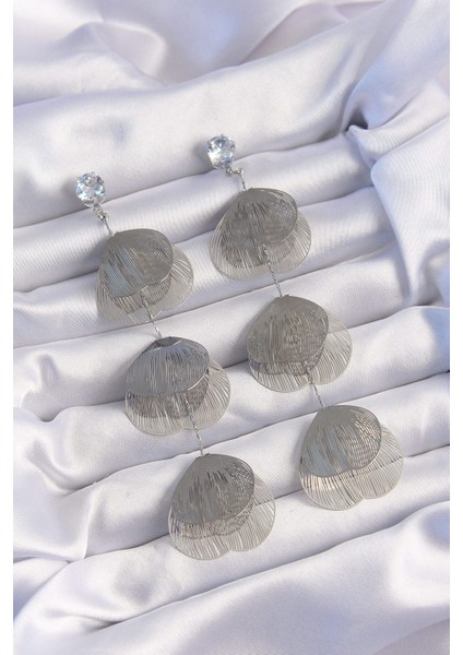 Pirinç Gümüş Renk Zirkon Taşlı Çizgi Plaka Sallantılı Küpe