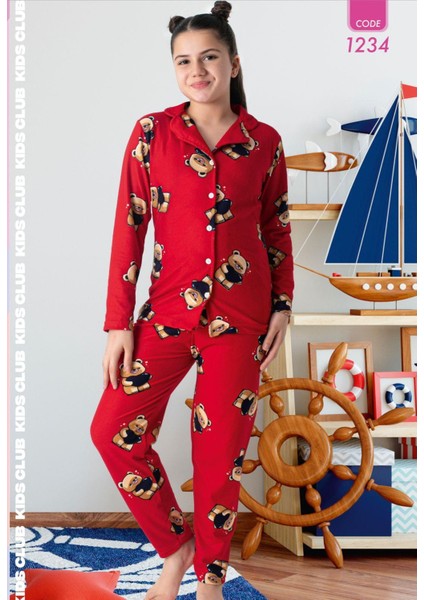 Kız Çocuk Pamuklu Süet Kırmızı Sevimli Ayıcık Desenli Gömlek Yaka Boydan Düğmeli Uzun Kollu Pijama Takımı M7723