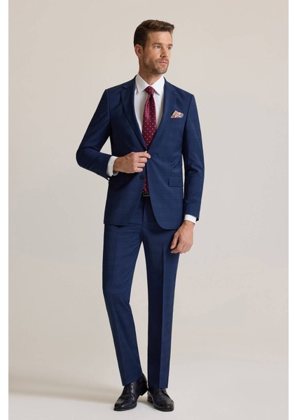 Erkek Lacivert Regular Fit Mono Yaka %100 Yün Takım Elbise