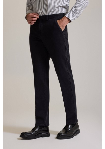 Erkek Siyah Regular Fit Yan Cepli Kot Pantolon