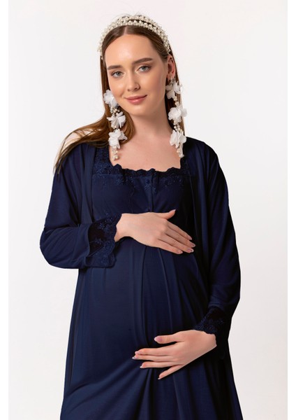 Lacivert Sabahlıklı Hamile Lohusa Gecelik Takım