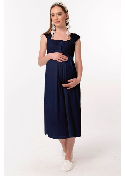 Lacivert Sabahlıklı Hamile Lohusa Gecelik Takım modelleri