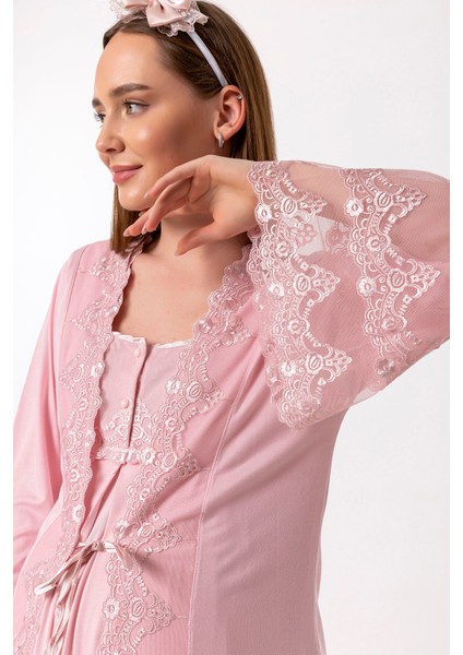 Pembe Sabahlıklı Hamile Lohusa Gecelik Takım