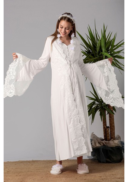 Ekru Sabahlıklı Hamile Lohusa Gecelik Takım