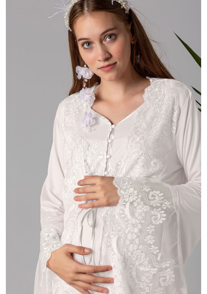 Ekru Sabahlıklı Hamile Lohusa Gecelik Takım modelleri