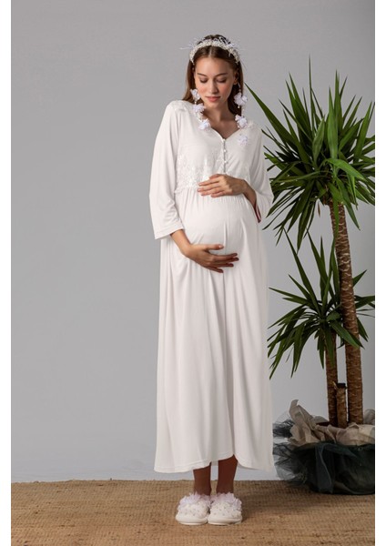 Ekru Sabahlıklı Hamile Lohusa Gecelik Takım fırsatları