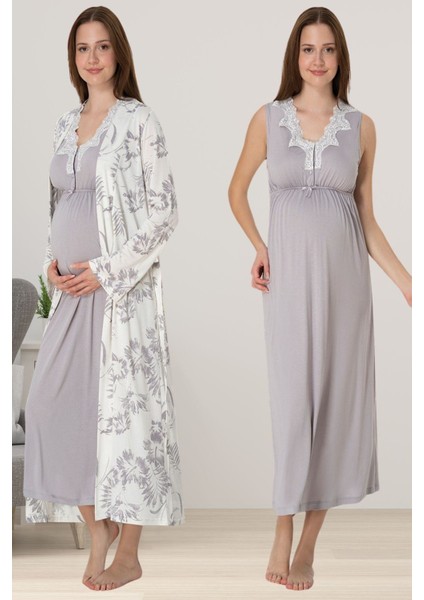 Gri Sabahlıklı Hamile Lohusa Gecelik Takım
