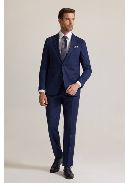 Erkek Lacivert Regular Fit Mono Yaka Yünlü Takım Elbise