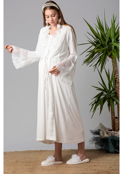 Ekru Sabahlıklı Hamile Lohusa Gecelik Takım