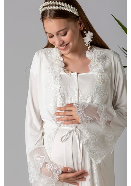 Ekru Sabahlıklı Hamile Lohusa Gecelik Takım fiyatları