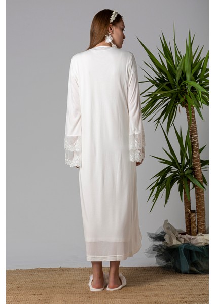 Ekru Sabahlıklı Hamile Lohusa Gecelik Takım modelleri