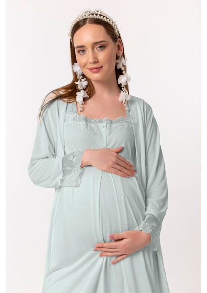 Turkuaz Sabahlıklı Hamile Lohusa Gecelik Takım