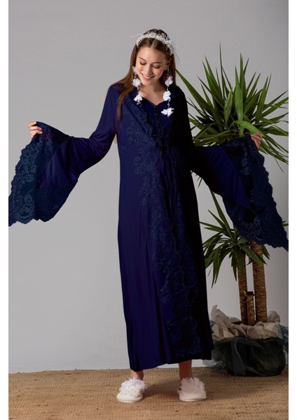 Lacivert Sabahlıklı Hamile Lohusa Gecelik Takım