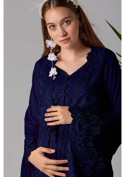 Lacivert Sabahlıklı Hamile Lohusa Gecelik Takım modelleri