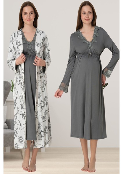 Füme Sabahlıklı Hamile Lohusa Gecelik Takım