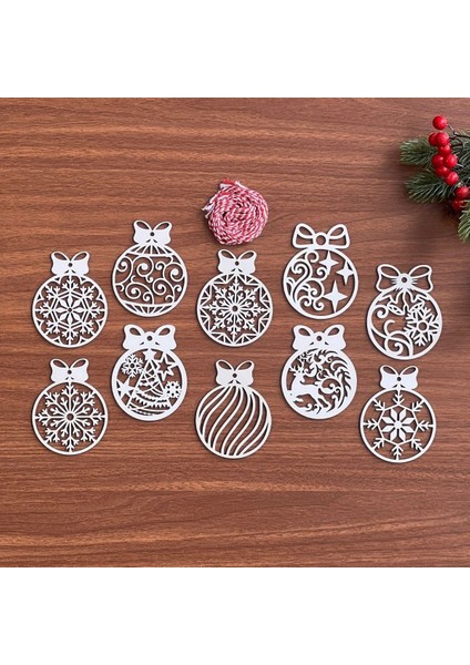 Byogalo® 10 Parça Kırmızı Beyaz Ipli Fiyonk Model Ahşap Yılbaşı Ağaç Süsü