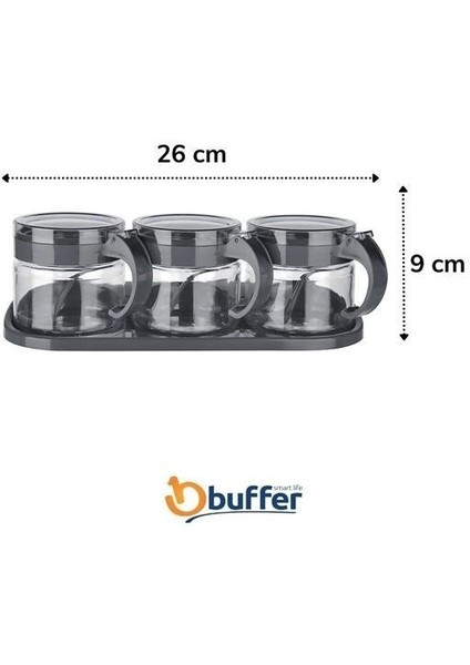 Byogalo® siyah 3lü Standlı Kapaklı Kaşıklı Cam Hava Sızdırmaz Baharatlık Takımı KC-386