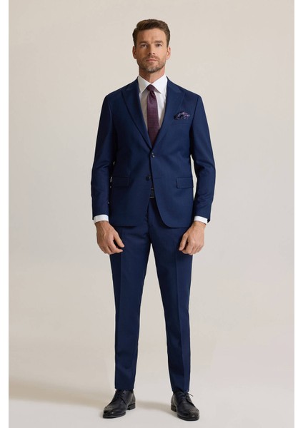 Erkek Petrol Slim Fit Sivri Yaka Yünlü Takım Elbise