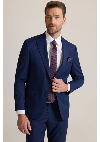 Erkek Petrol Slim Fit Sivri Yaka Yünlü Takım Elbise
