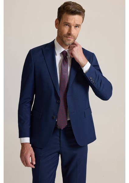 Erkek Petrol Slim Fit Sivri Yaka Yünlü Takım Elbise