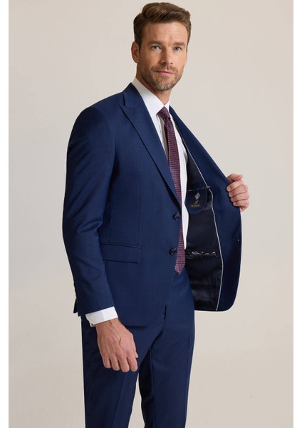 Erkek Petrol Slim Fit Sivri Yaka Yünlü Takım Elbise