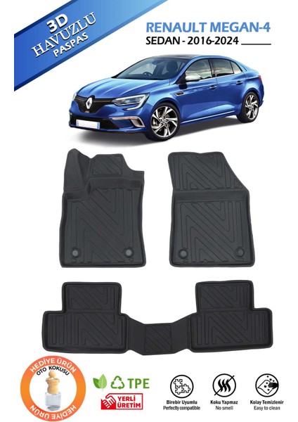 Havuzlu 3D Siyah Paspas Takımı, Renault-Megan4-Sedan-1 2016-2024 Arası, 3D Havuzlu Paspas, Hediyearaç Kokusu
