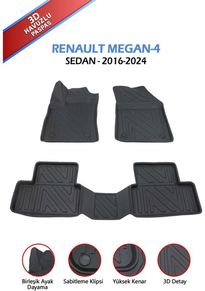Havuzlu 3D Siyah Paspas Takımı, Renault-Megan4-Sedan-1 2016-2024 Arası, 3D Havuzlu Paspas, Hediyearaç Kokusu