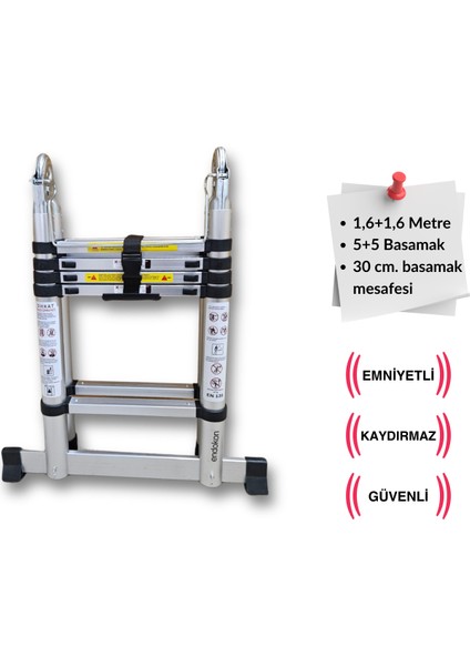 160 + 160 Cm. - 5+5 Basamaklı Teleskobik / Teleskopik Merdiven - A Tipi Uzayan Merdiven