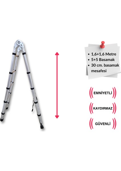 160 + 160 Cm. - 5+5 Basamaklı Teleskobik / Teleskopik Merdiven - A Tipi Uzayan Merdiven