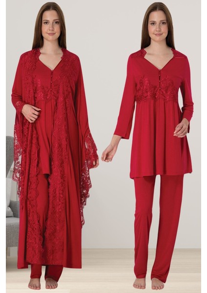 Vişne Sabahlıklı Hamile Lohusa Pijama Takımı