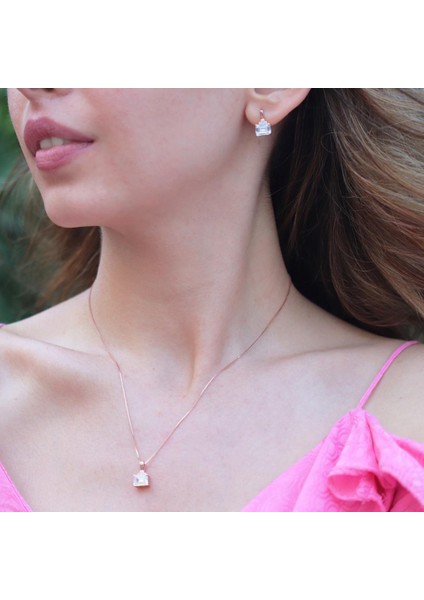 Rose Gold Kaplama Dikdörtgen Baget Taşlı Gümüş Takm