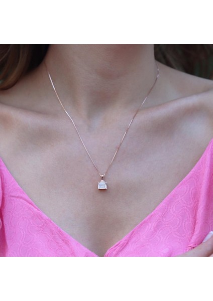 Rose Gold Kaplama Dikdörtgen Baget Taşlı Gümüş Takm