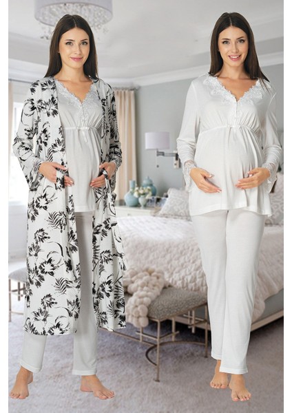 Ekru Sabahlıklı Hamile Lohusa Pijama Takımı