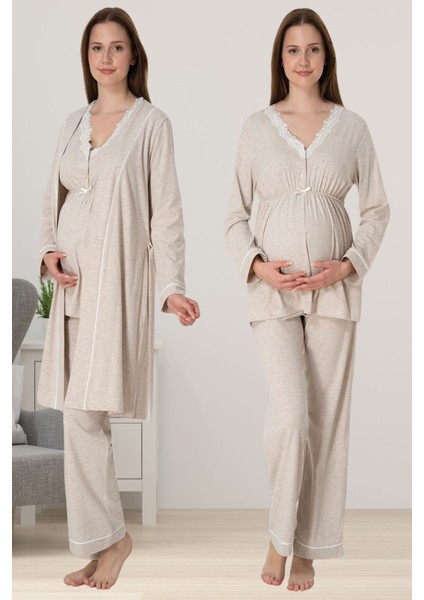 Bej Sabahlıklı Hamile Lohusa Pijama Takımı