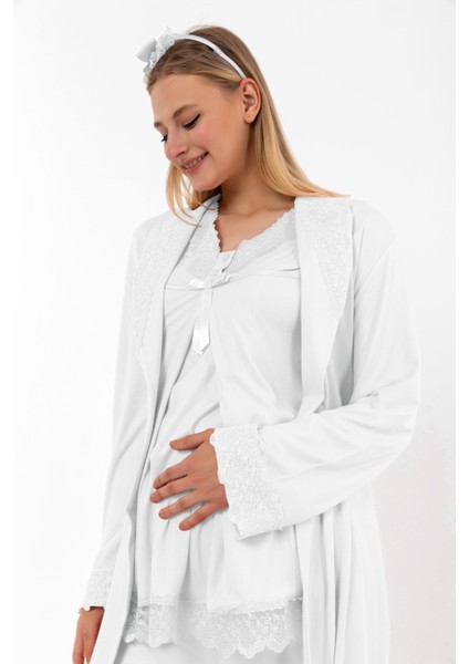 Ekru Sabahlıklı Hamile Lohusa Pijama Takımı