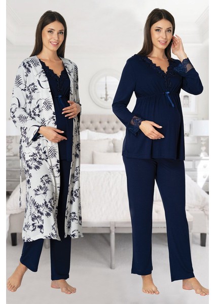 Lacivert Sabahlıklı Hamile Lohusa Pijama Takımı