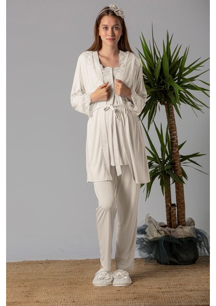 Ekru Sabahlıklı Hamile Lohusa Pijama Takımı