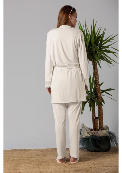 Ekru Sabahlıklı Hamile Lohusa Pijama Takımı modelleri