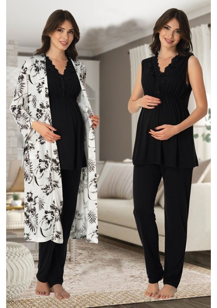 Siyah Sabahlıklı Hamile Lohusa Pijama Takımı