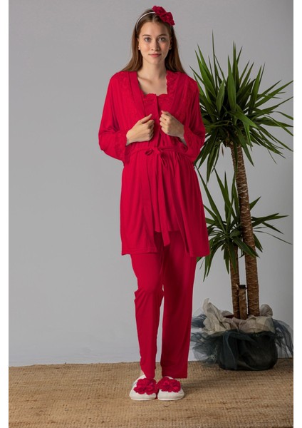 Vişne Sabahlıklı Hamile Lohusa Pijama Takımı