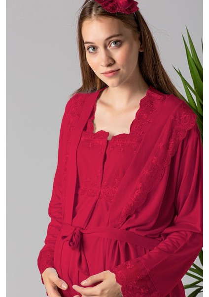 Vişne Sabahlıklı Hamile Lohusa Pijama Takımı