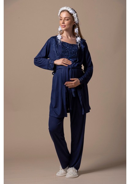 Lacivert Sabahlıklı Hamile Lohusa Pijama Takımı