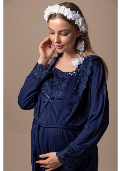 Lacivert Sabahlıklı Hamile Lohusa Pijama Takımı